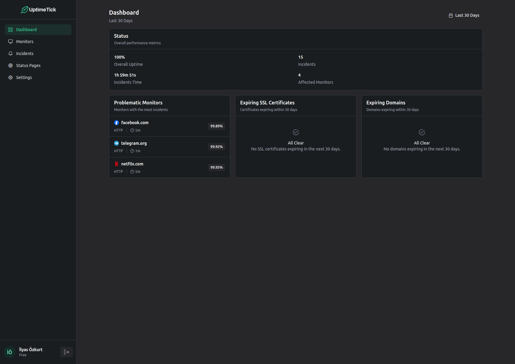 UptimeTick desktop dashboard