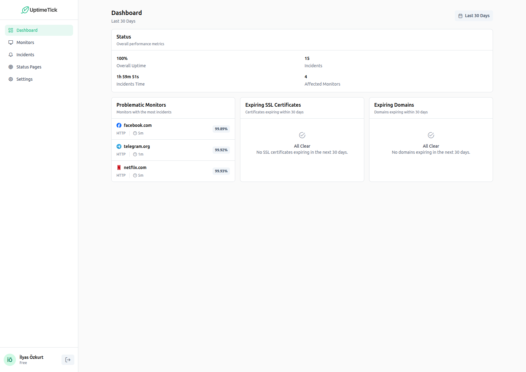 UptimeTick desktop dashboard