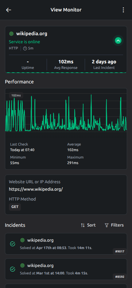 UptimeTick monitör detay görünümü